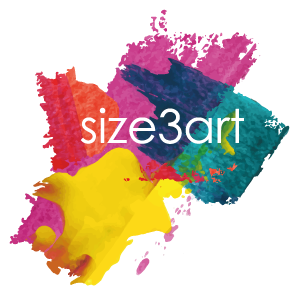 Logo for Size3art. Size3art written in white text on top of a colourful abstract painting. 